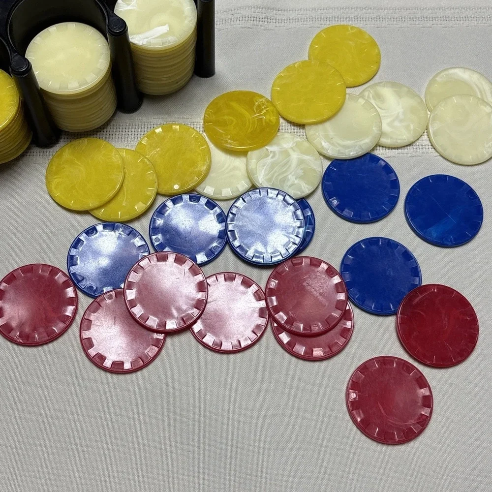 Vtg 190 Marbled Bakelite? Red Butterscotch, Blue, White Poker Chips Caddy Cards